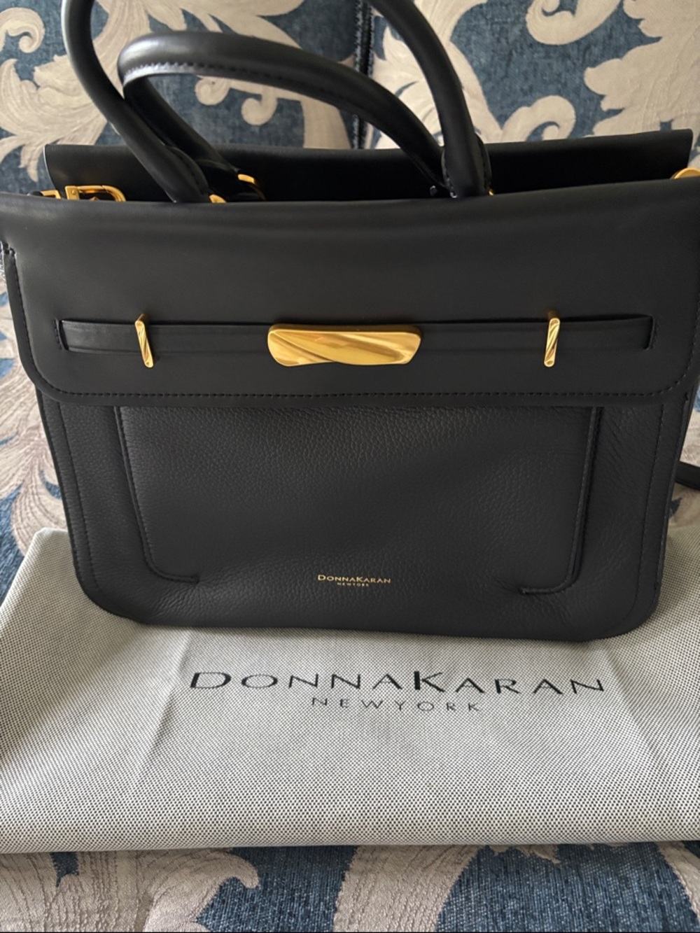 Donna Karan Black Leather Top-Handle Womens Bag with Gold Hardware